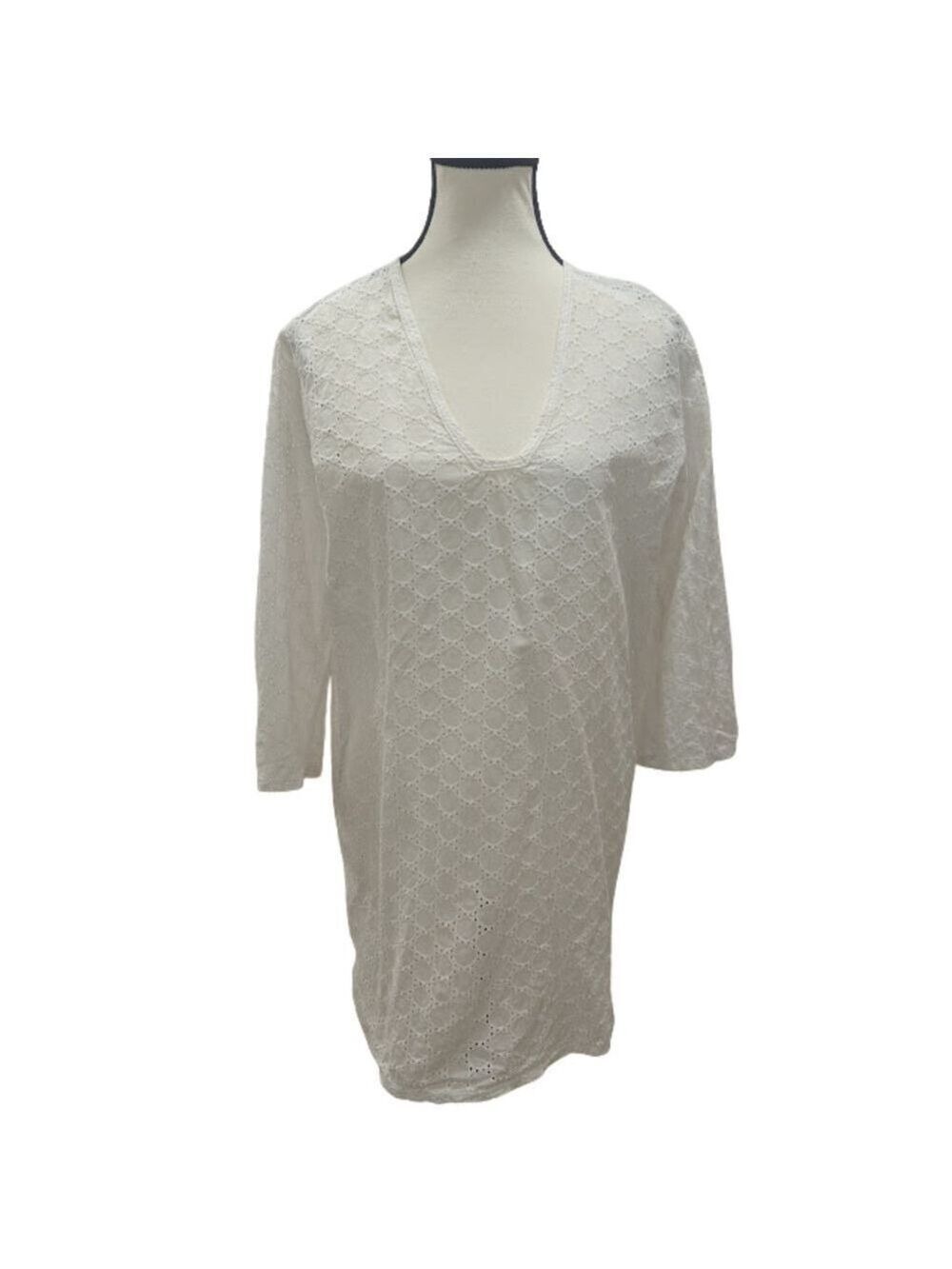 Jordan Taylor Eyelet Tunic Dress L White Cotton Coastal Chic Resort Minimalist